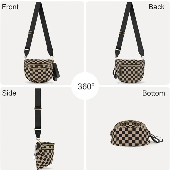 🖤🤎Black Tan Rose Gold Checkerboard Bum Bag Crossbody Sling Bag, Wide Strap, NWOT - Picture 5 of 10